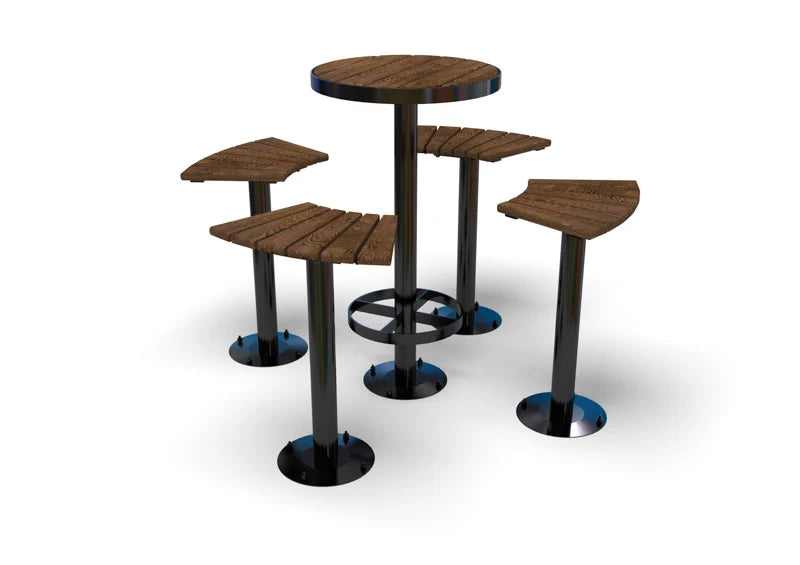 Wabash Valley Commercial Outdoor Thermory Wood Bar Table and Stools Set, round Thermory ash bar table and four curved stools, portable or surface mount, model FA420N, outdoor bar set
