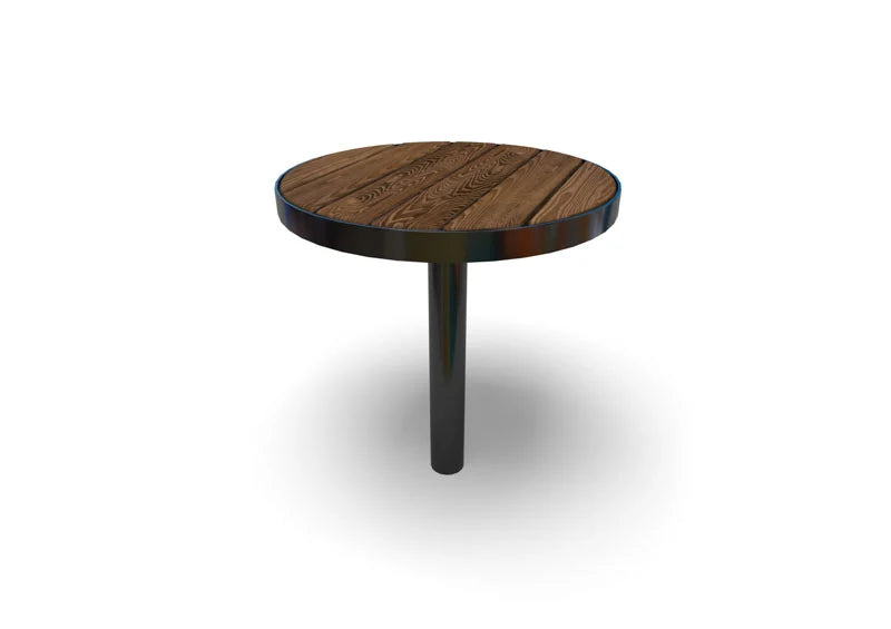 Wabash Valley Commercial Outdoor Thermory Wood Bistro Table, 23 5/8 inch round Thermory ash slat top on a steel post, portable or surface mount, model FA120N, commercial bistro table
