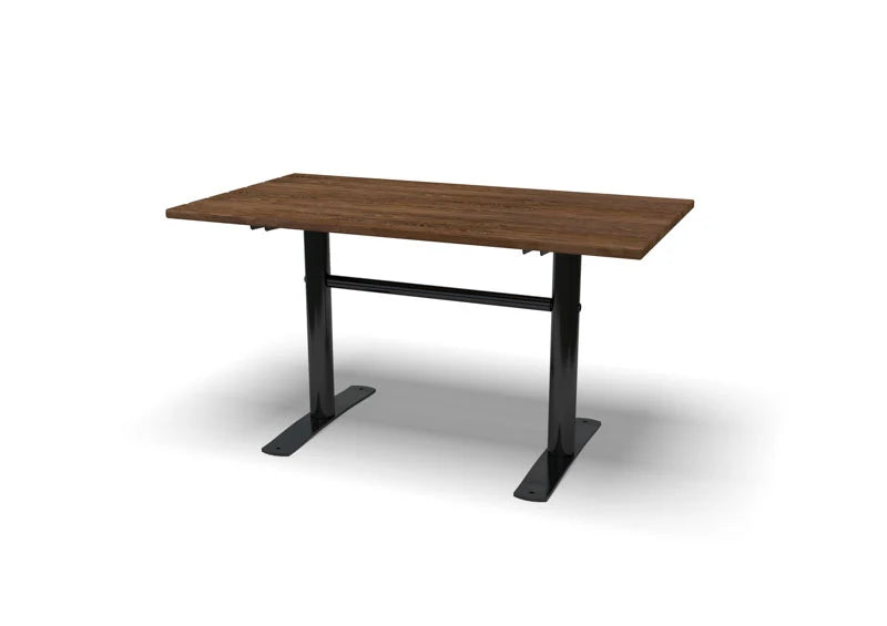 Wabash Valley Commercial Outdoor Wood Rectangular Dining Table, Thermory ash slat top on two powder-coated steel T-legs, portable or surface mount, model FA460N, outdoor wood dining table