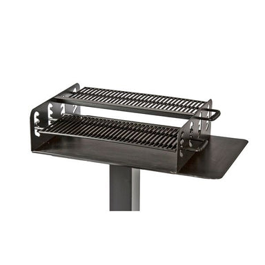 Wabash Valley Dual-Grate Park Grill, model GR102N, two adjustable grates and a side shelf on a surface mount pedestal, dual zone charcoal grill