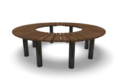 Wabash Valley Fairmount Wood 360 Circular Bench, 59" size, Thermory ash slats on a black steel frame, Inground posts set in concrete, model FA200N, tree bench