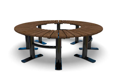 Wabash Valley Fairmount Wood 360 Circular Bench, 59" size, Thermory ash slats on a black steel frame, Surface mount foot plates and ring rail, model FA220N, bench around tree