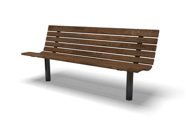 Wabash Valley Fairmount Wood Bench, Thermory ash wood slats on a black powder-coated steel frame, Inground posts set in concrete, model FA440N, wood and metal bench
