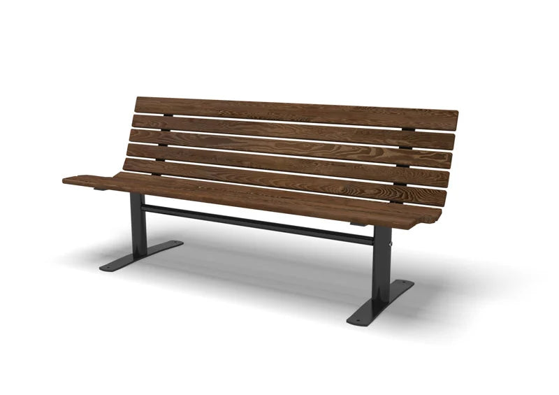 Wabash Valley Fairmount Wood Bench, Thermory ash wood slats on a black powder-coated steel frame, Surface mount foot plates, model FA100N, wood park bench