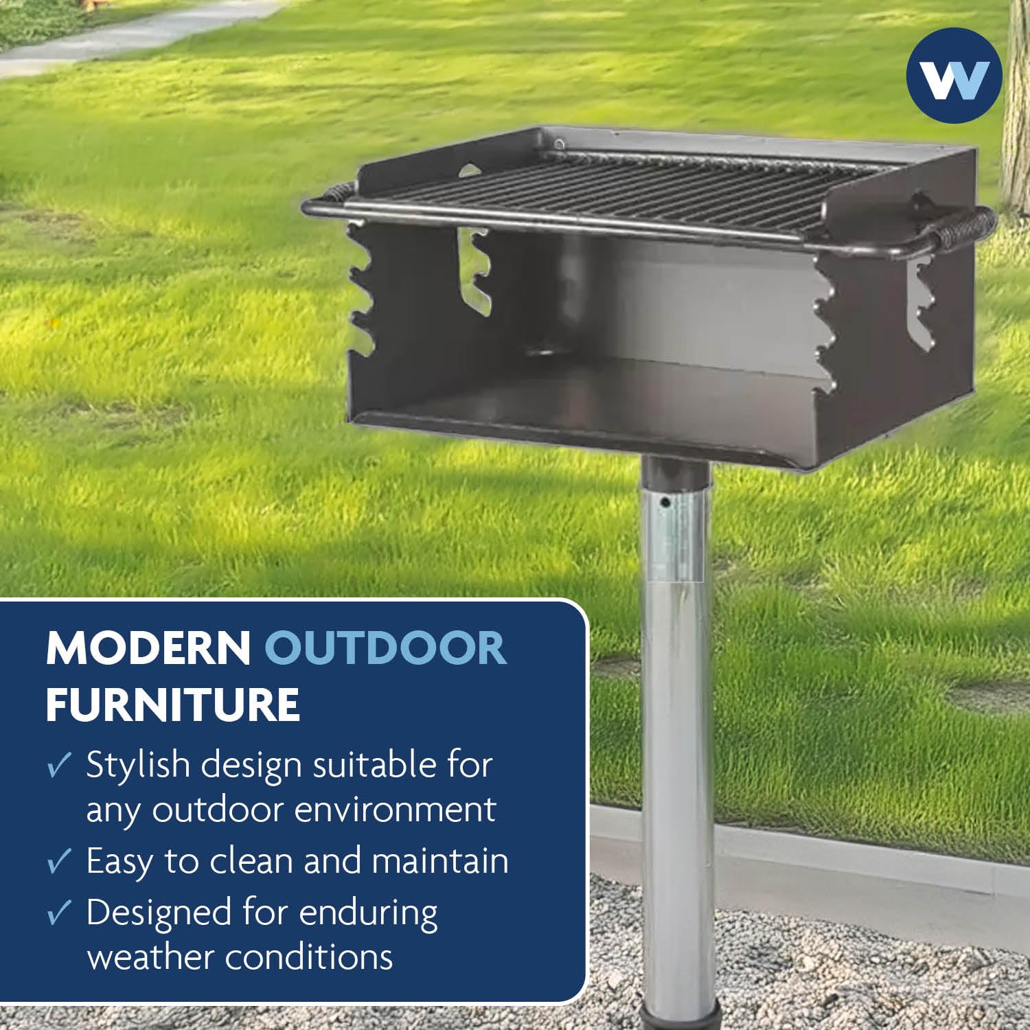 Wabash Valley Flip Grate Park Grill, model GR100N, set in gravel beside a lawn, hinged grill grate with spring handles