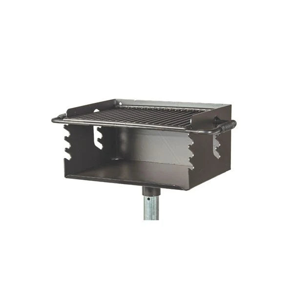 Wabash Valley Flip Grate Park Grill, model GR100N, front view of the 20 inch firebox and adjustment slots, pedestal grill