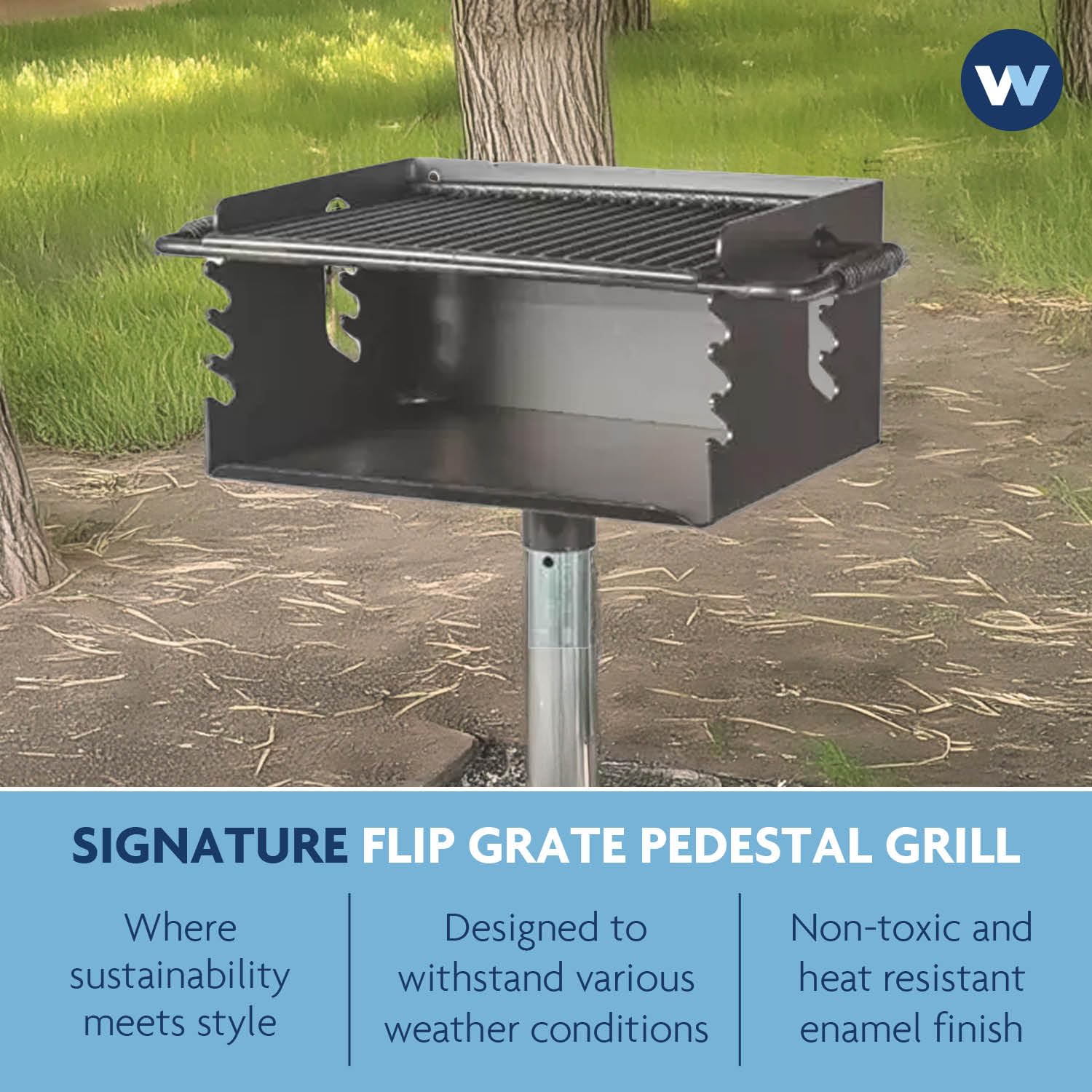 Wabash Valley Flip Grate Park Grill, model GR100N, installed on an inground post under shade trees, campsite grill for picnic sites