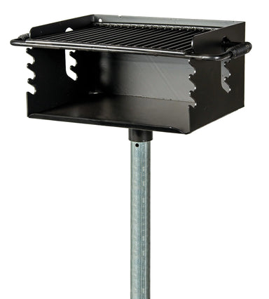 Wabash Valley Flip Grate Park Grill, model GR100N, black enamel steel firebox on an inground pedestal, in ground grill with 4 grate heights