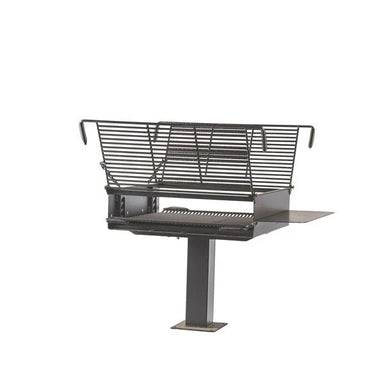 Wabash Valley Group Park Grill, model GR104N, two hinged cooking grates raised over a 38 inch firebox with side shelf on a surface mount pedestal, large commercial grill