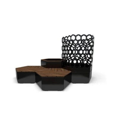 Wabash Valley Liberty Modular Hexagon Seating Group with Planters and Trellis, two hexagon seats, a wood-rimmed planter and a trellis planter, model LBB005N, planter bench