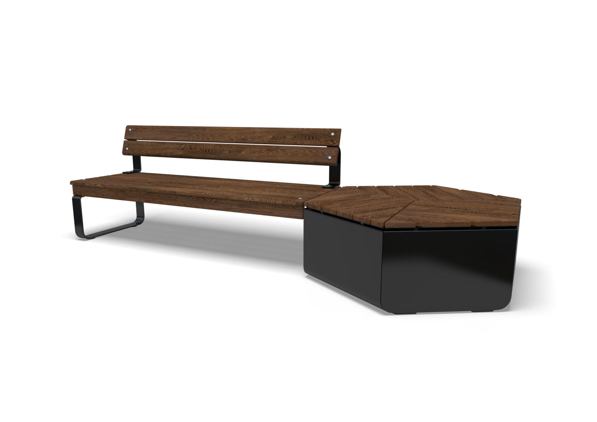 Wabash Valley Liberty Modular Bench with Back and Hexagon Seat, Thermory ash bench with backrest joined to a hexagon seat on a black steel base, model LBB001N, outdoor lounge seating