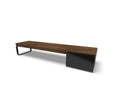 Wabash Valley Liberty Modular Bench with Square Seat, Thermory ash bench section joined to a square seat on a black steel base, model LBB002N, modular bench