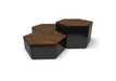 Wabash Valley Liberty Modular Hexagon Seating Group, three Thermory ash hexagon seats on black steel bases, one raised a module higher, model LBB004N, plaza furniture