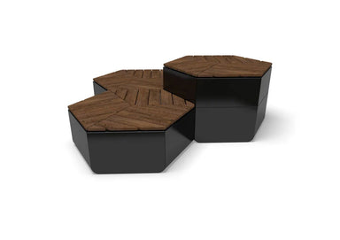 Wabash Valley Liberty Modular Hexagon Seating Group, three Thermory ash hexagon seats on black steel bases, one raised a module higher, model LBB004N, plaza furniture