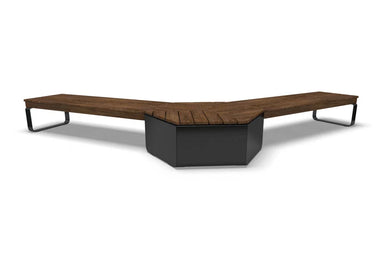 Wabash Valley Liberty Sectional Bench Set with Hexagon Seat, two Thermory ash bench sections joined by a hexagon seat on a black steel base, model LBB006N, sectional bench