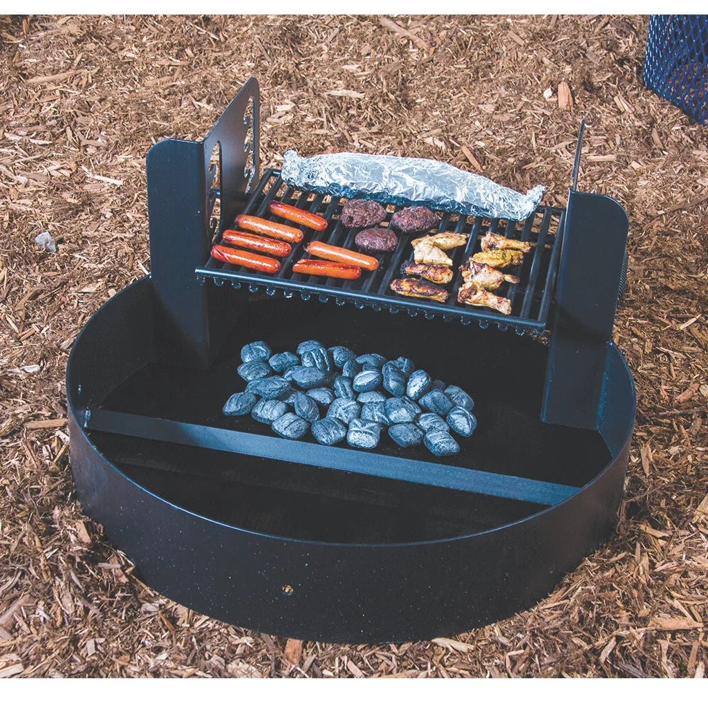 Wabash Valley Outdoor Fire Ring With Cooking Grate, Adjustable grate model GR103N, raised grill box with heat shields over half of a 30 inch ring, fire pit ring with grill