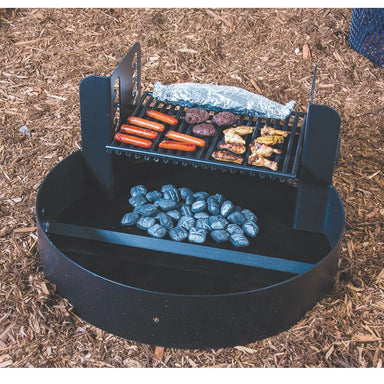 Wabash Valley Outdoor Fire Ring With Cooking Grate, Adjustable grate model GR103N, raised grill box with heat shields over half of a 30 inch ring, fire pit ring with grill