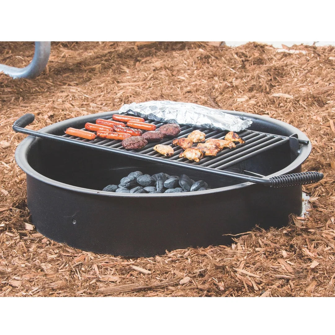 Wabash Valley Outdoor Fire Ring With Cooking Grate, Flip-Up grate model GR106N, 30 inch steel ring set in mulch with food on the grate, campground fire ring