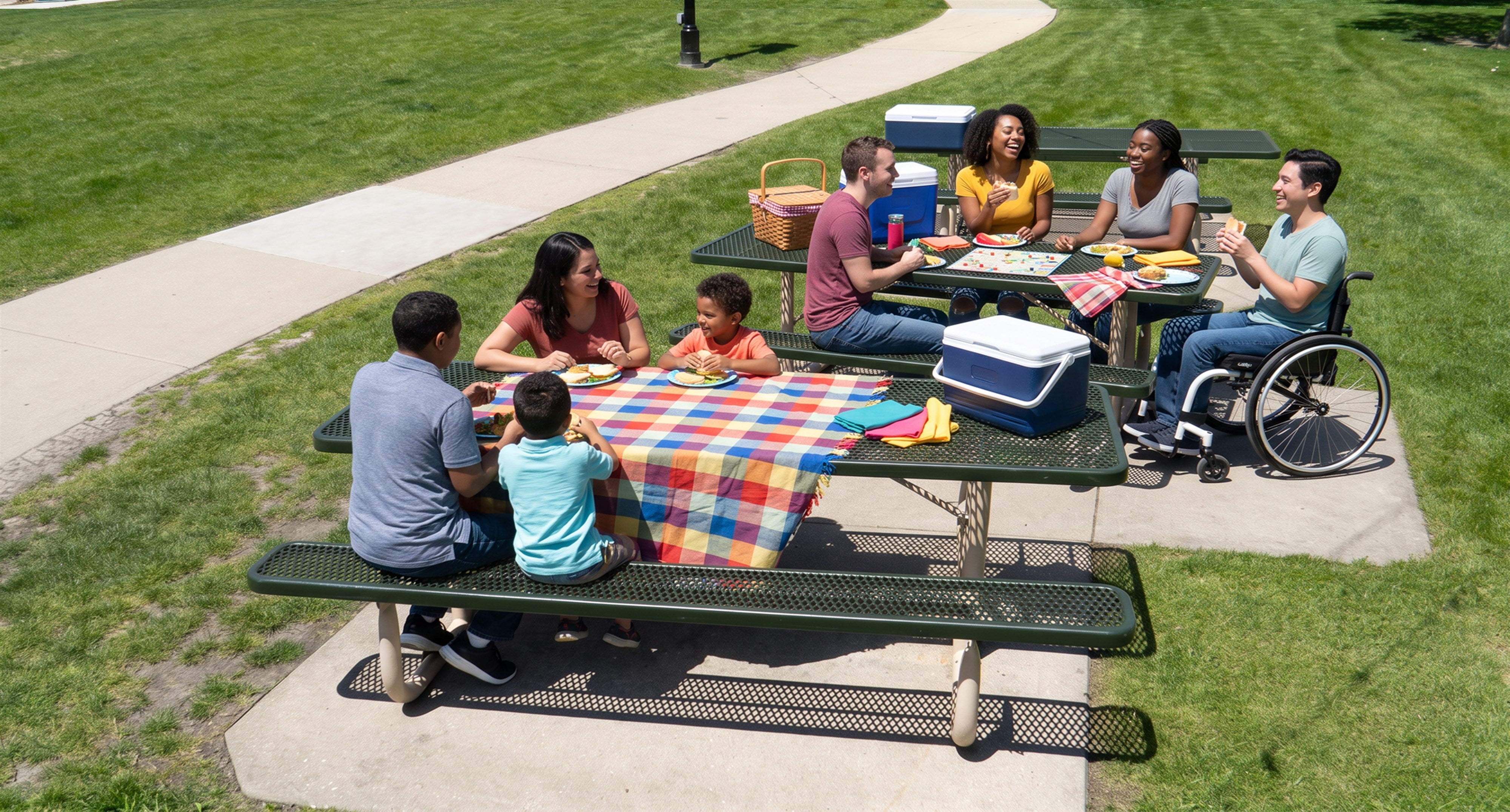 Families at Wabash Valley Signature Portable Picnic Tables with green tops on tan frames, a guest in a wheelchair at a table end, outdoor cafeteria tables