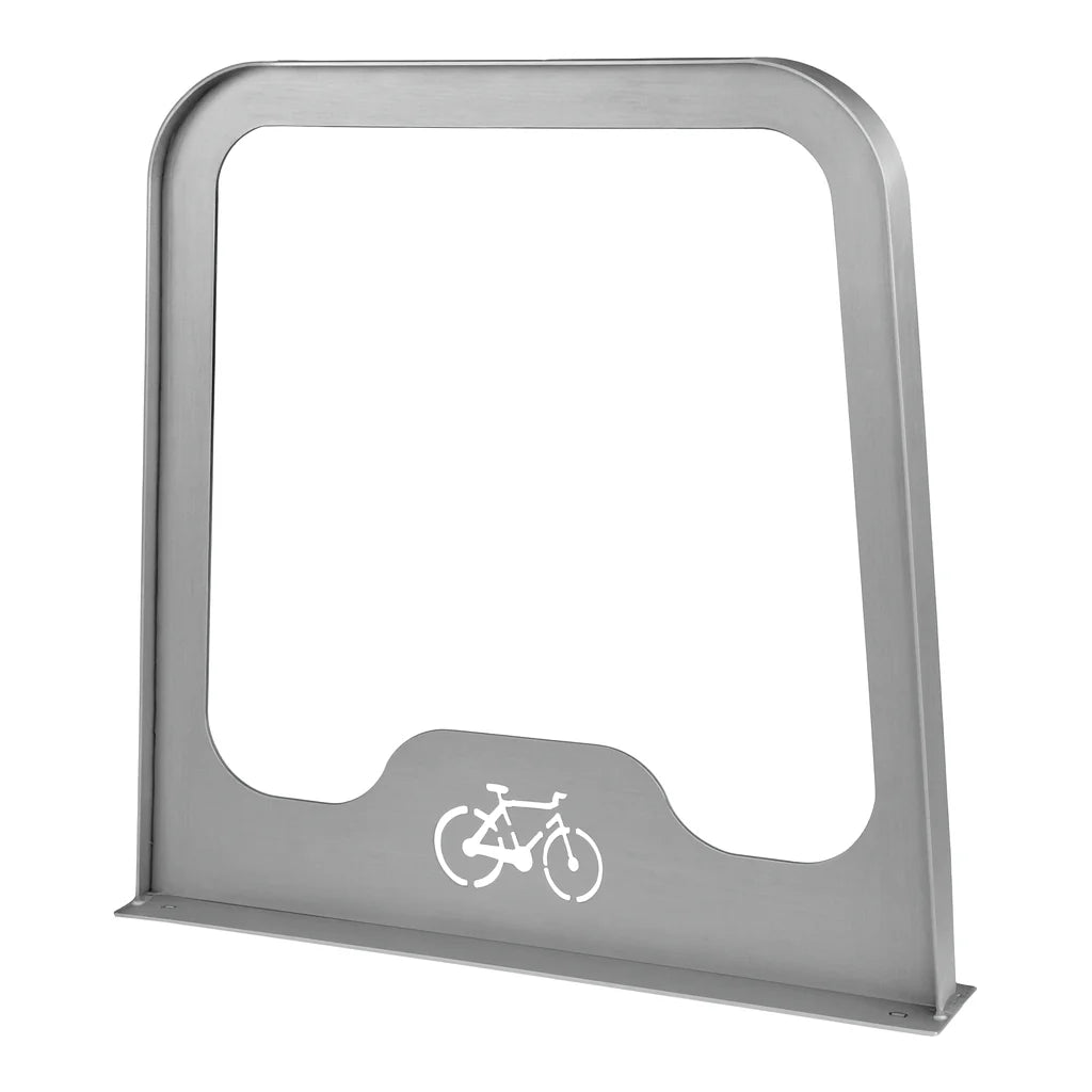 Wabash Valley stainless steel Designer bike rack, brushed stainless panel with a laser cut bicycle graphic and a bolt down surface mount base plate