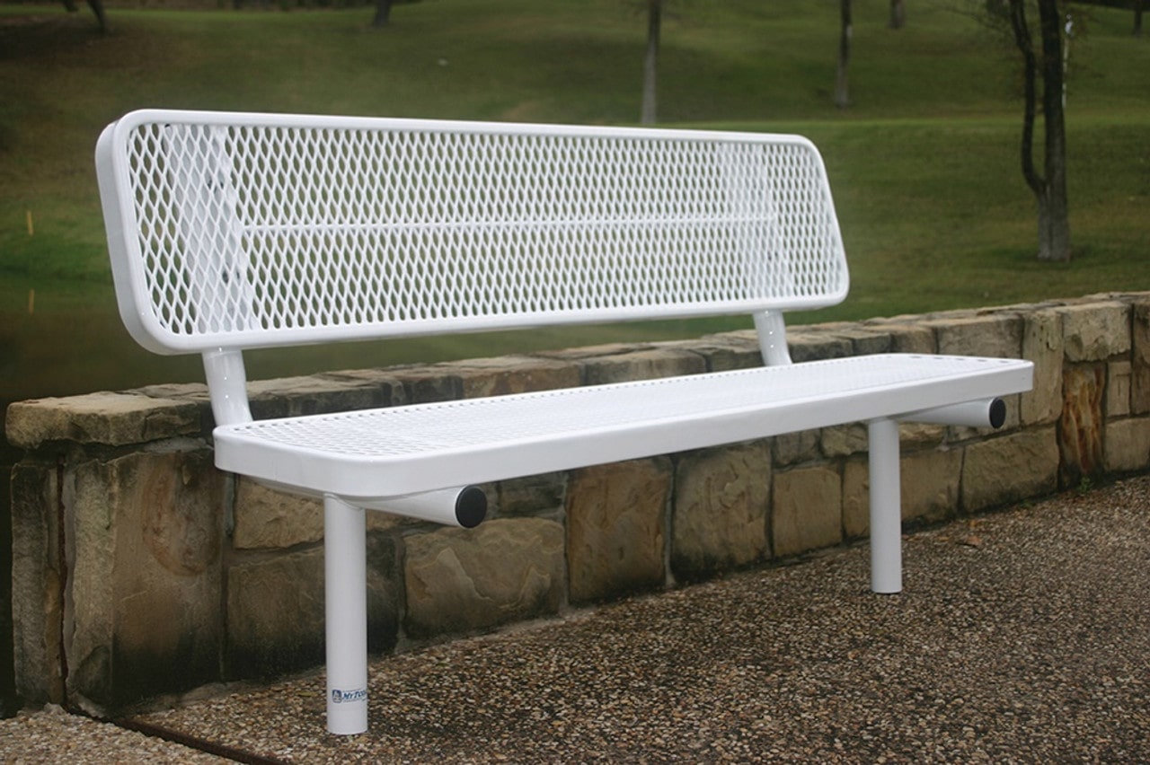 White MyTCoat Sports Bench with Backrest Lifestyle Image Inground Mount Option with park background 