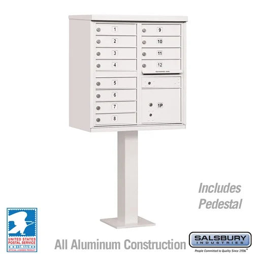 White Salsbury USPS Mailbox Cluster Unit with 12 Doors and Parcel Locker Studio Image.