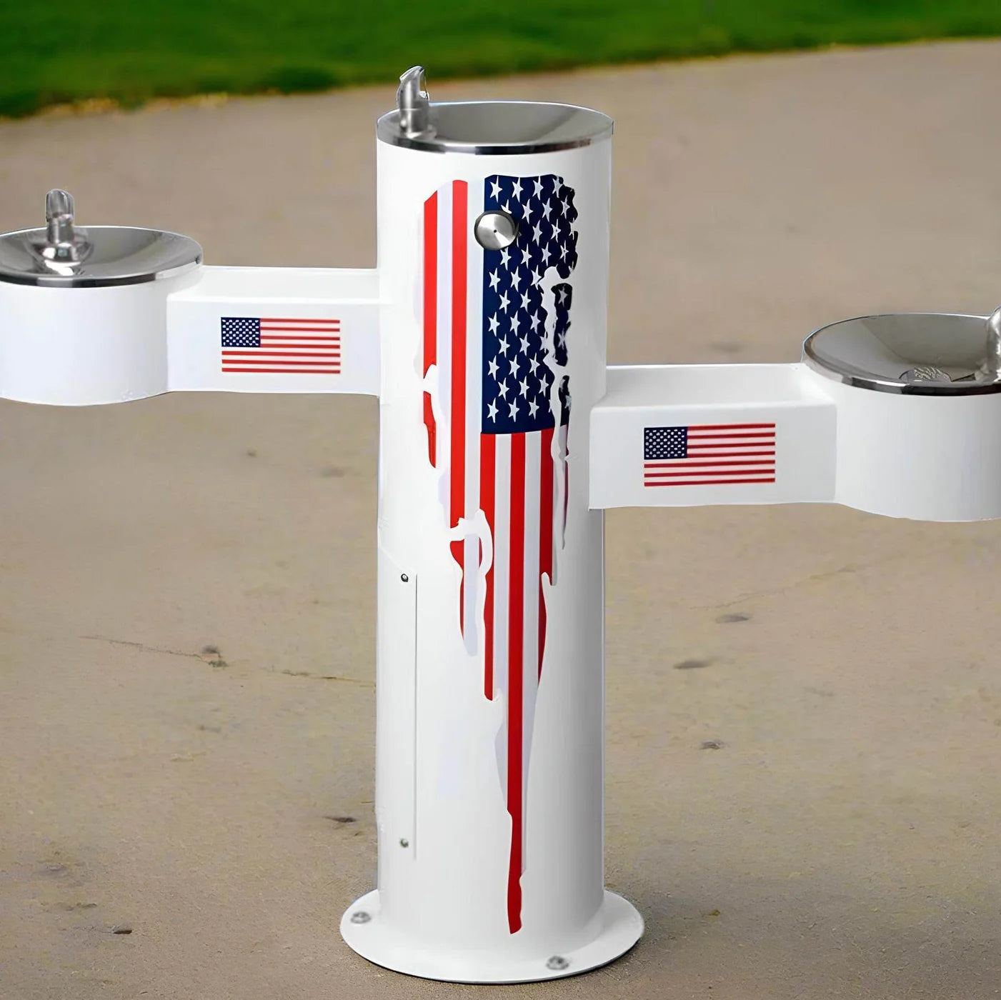 White Willoughby Triple Height Drinking Fountain Side Approach with American flag design on a concrete surface