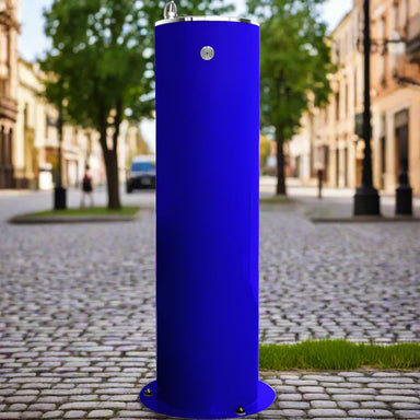 Blue Willhoughby Single Outdoor Drinking Fountain on a cobblestone street lifestyle Image