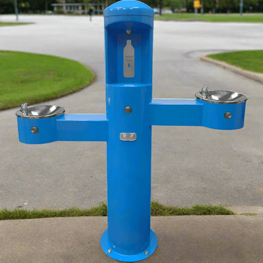 Willoughby Tri-level Drinking Fountain with Bottle Filler Front Approach on a sidewalk