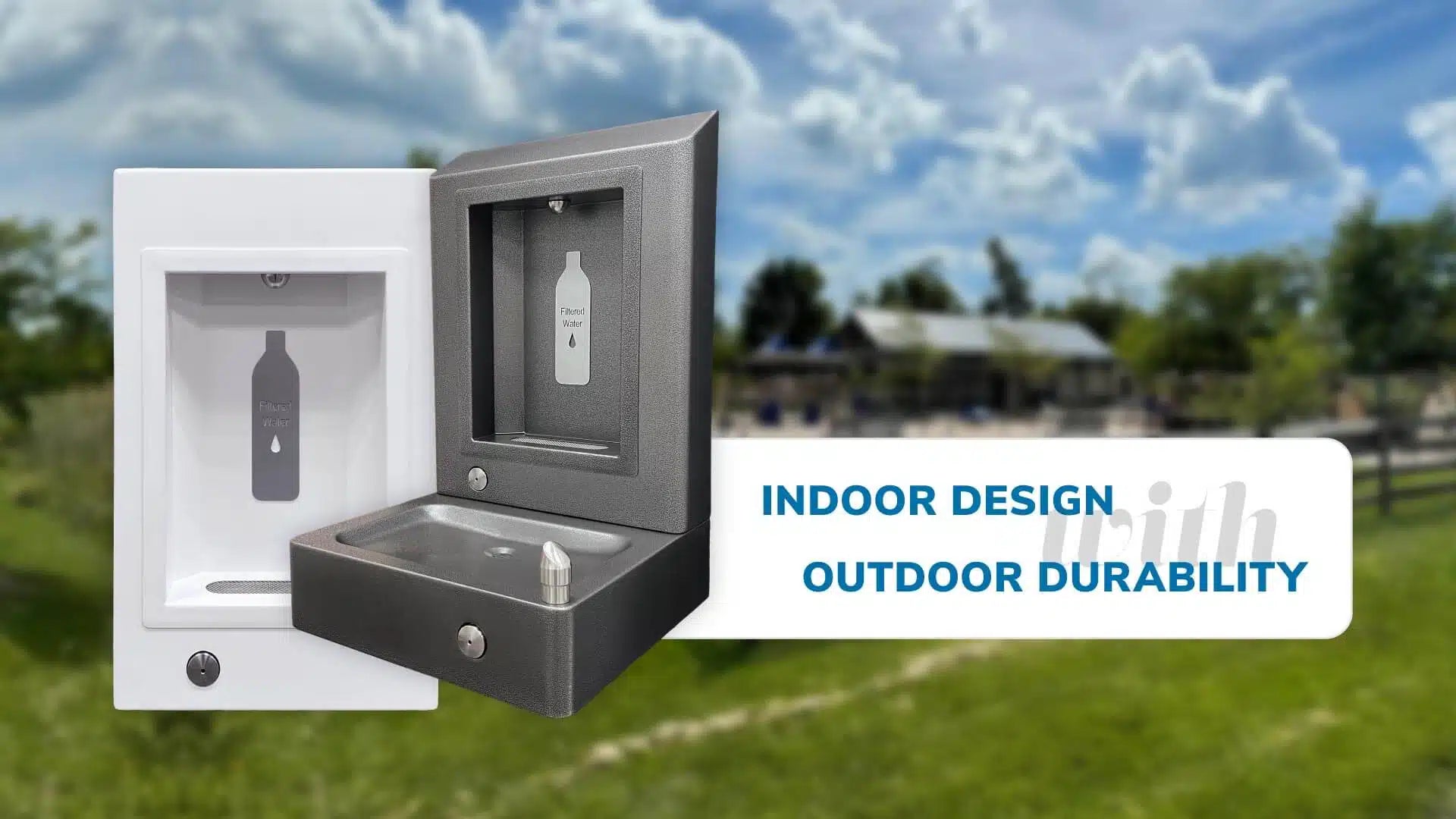 Willoughby Wall Mounted Products Flyer with Wiloughby Stainless Wall-Mounted Bottle Filling Station with Drinking Fountain "Indoor Design, Outdoor Durability" with grass and sky background