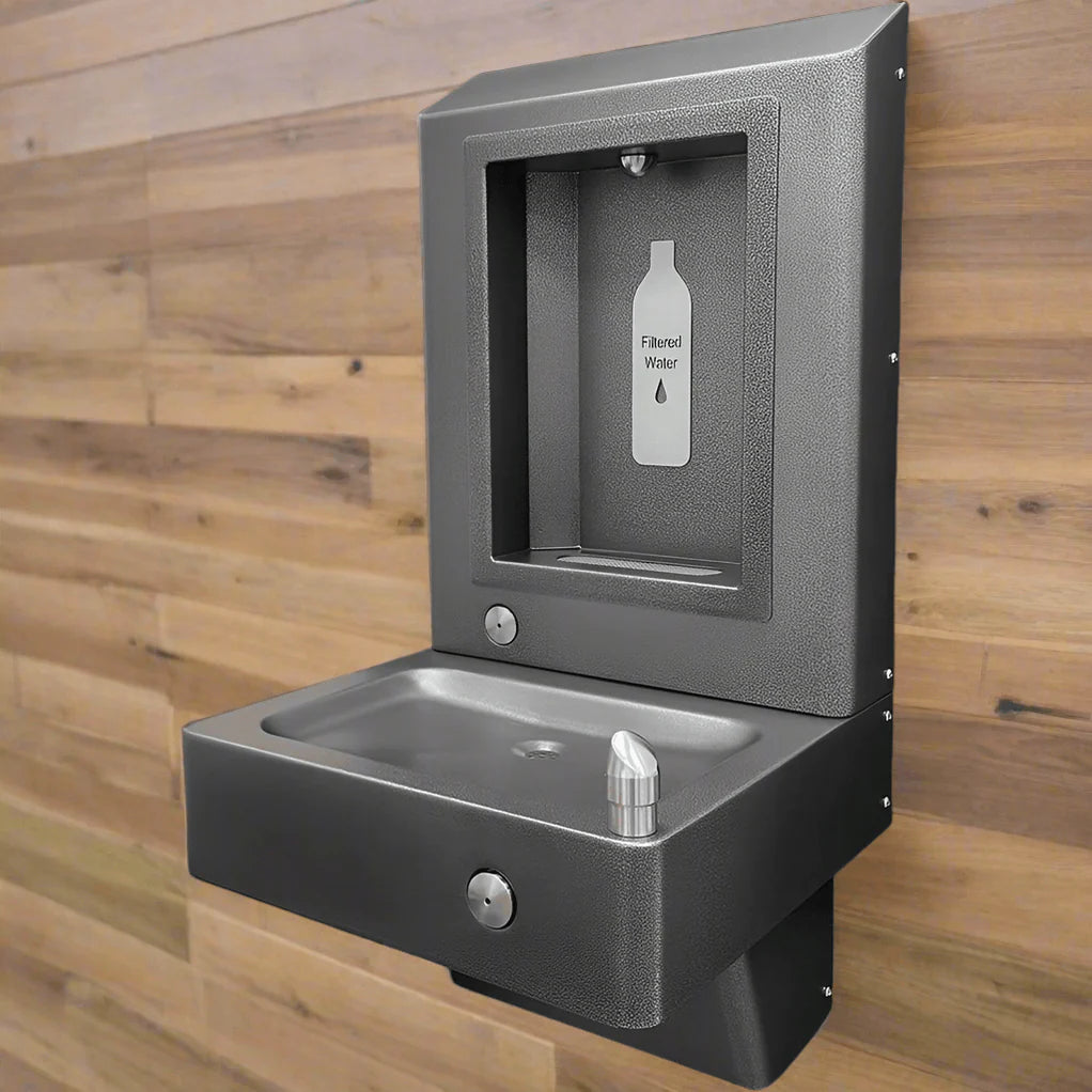Wiloughby Stainless Wall-Mounted Bottle Filling Station with Drinking Fountain Surface Mounted on wooden Wall Background