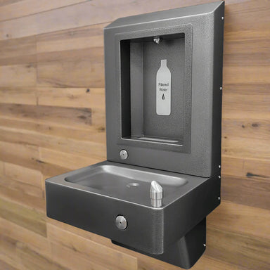 Wiloughby Stainless Wall-Mounted Bottle Filling Station with Drinking Fountain Surface Mounted on wooden Wall Background