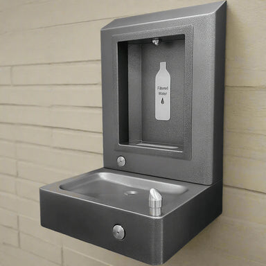 Wiloughby Stainless Wall-Mounted Bottle Filling Station with Drinking Fountain Rear Mounted with a bottle icon labeled 'Filtered Water' on a beige wall.
