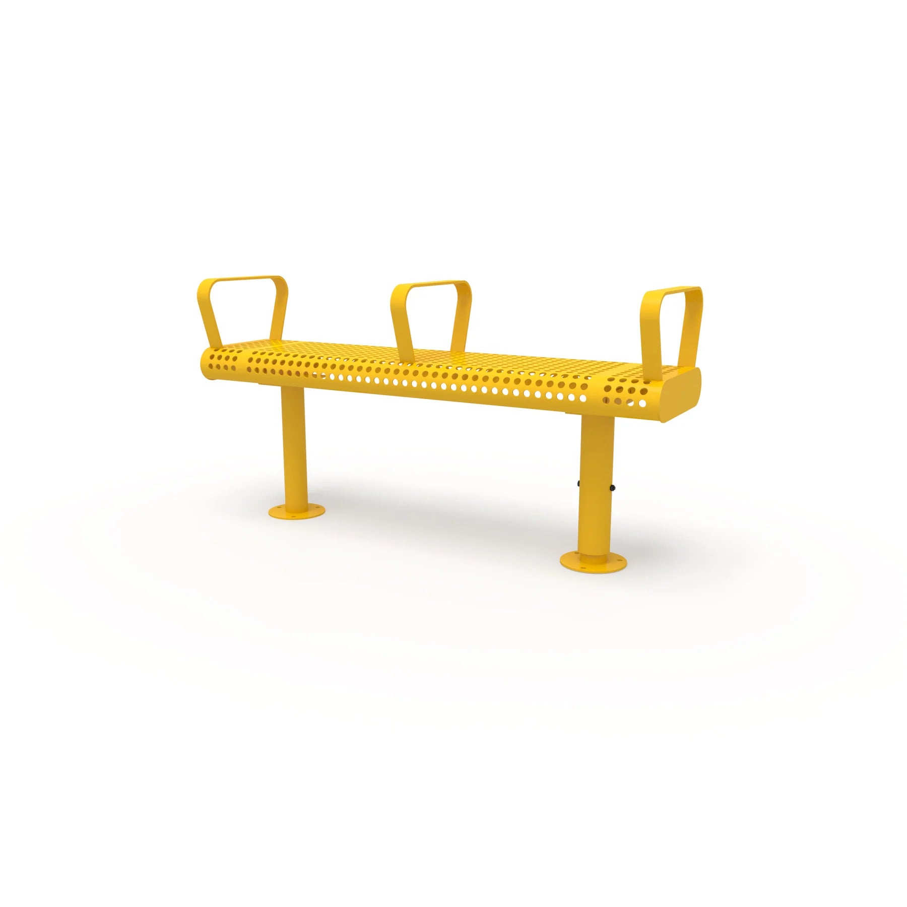 Yellow Wabash Valley Backless Transit Bench, 3 Armrests, 4 ft perforated steel seat on adjustable surface mount legs, model TR202P, 4 ft bench