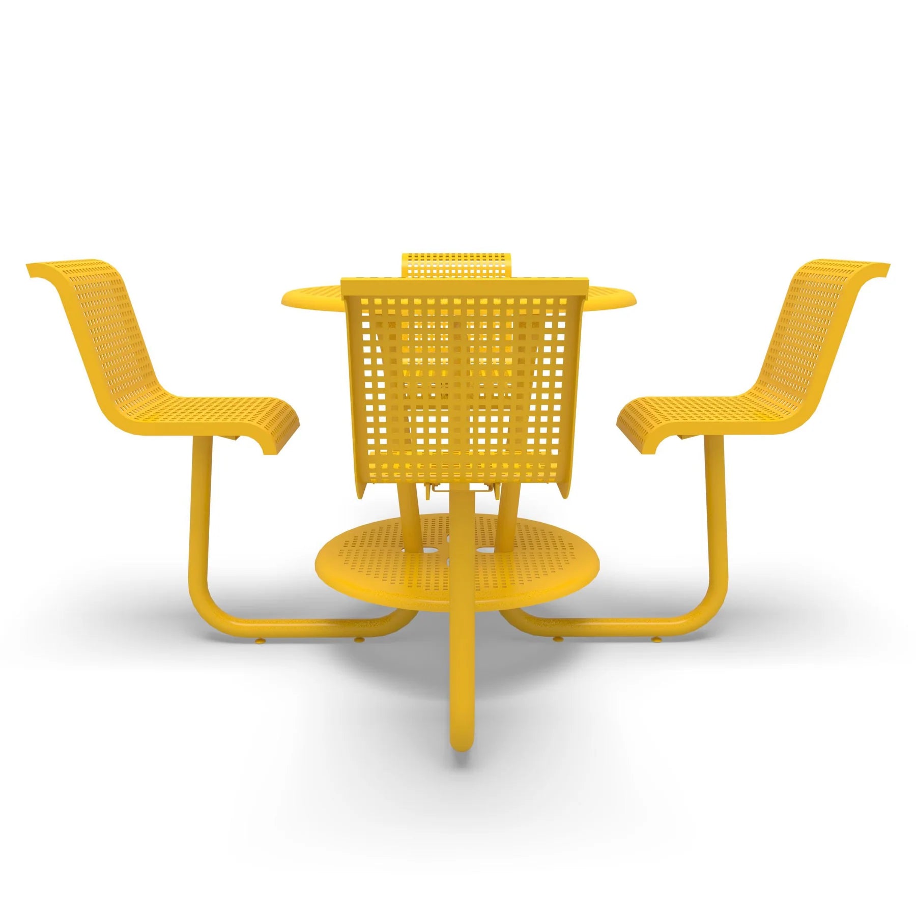 Yellow Wabash Valley Camino Round Bar Height Table, perforated plastisol top at bar height, four seats with backs, foot ring, portable, model CM225Q, commercial outdoor bar table