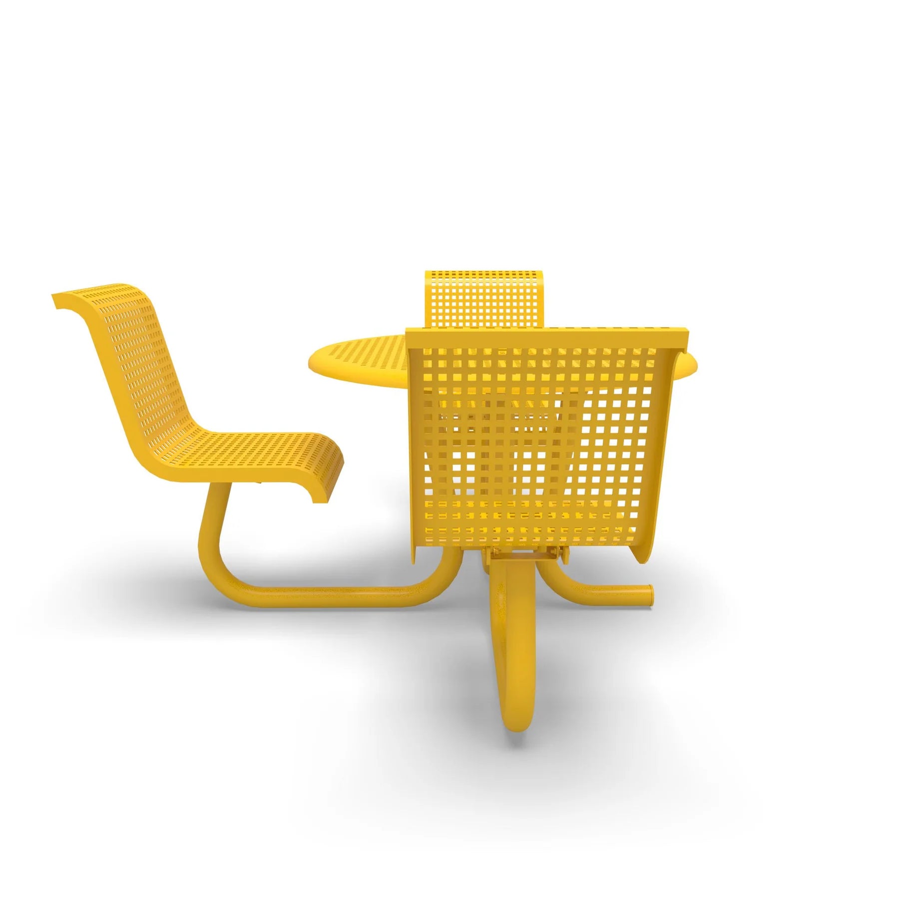 Yellow Wabash Valley Camino Round Dining Table, ADA Accessible, perforated plastisol top, three seats with backs, wheelchair side, surface mount, model CM230Q, picnic table with backrest