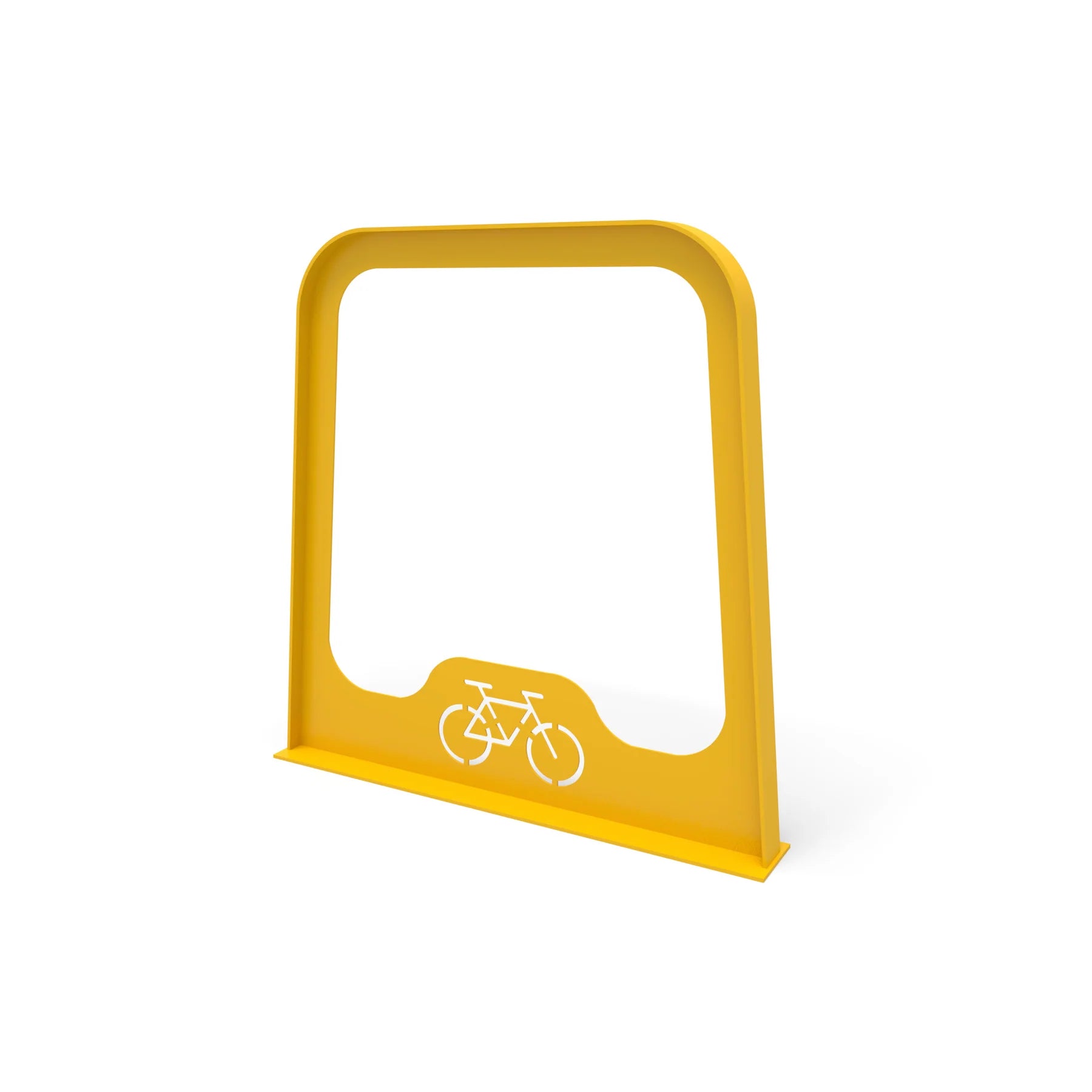 Angled view of a Yellow Wabash Valley Designer bike rack, panel style rack that supports two bicycles at the frame
