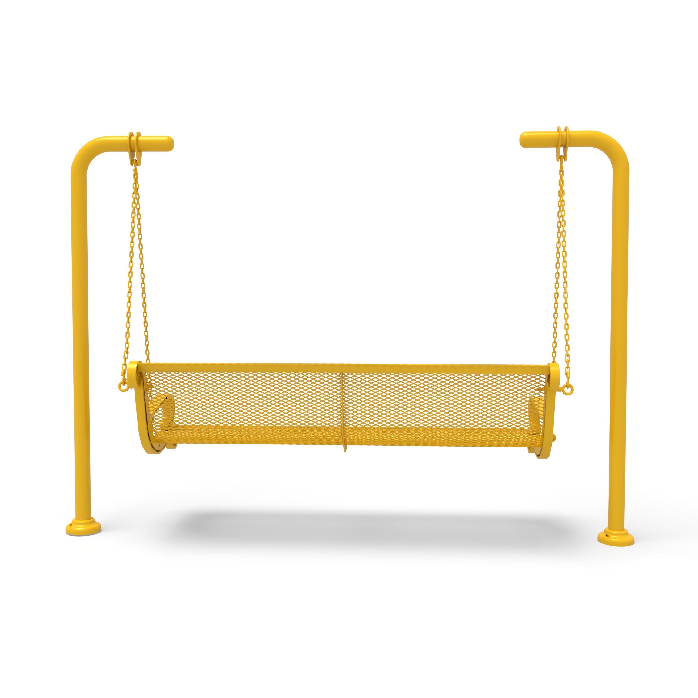 Yellow Wabash Valley Estate Diamond Swing Bench, back view, plastisol-coated steel seat on inground posts, metal swing bench