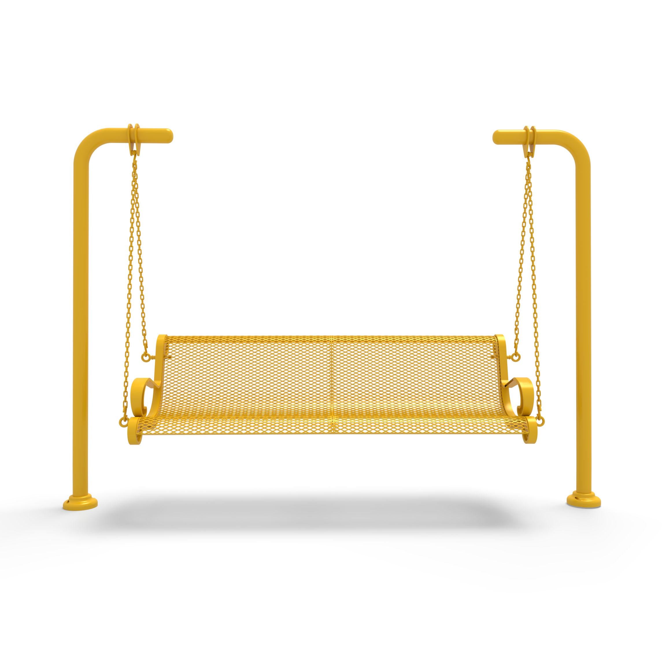 Yellow Wabash Valley Estate Diamond Swing Bench, front view, plastisol-coated steel seat on inground posts, hanging bench swing on chains
