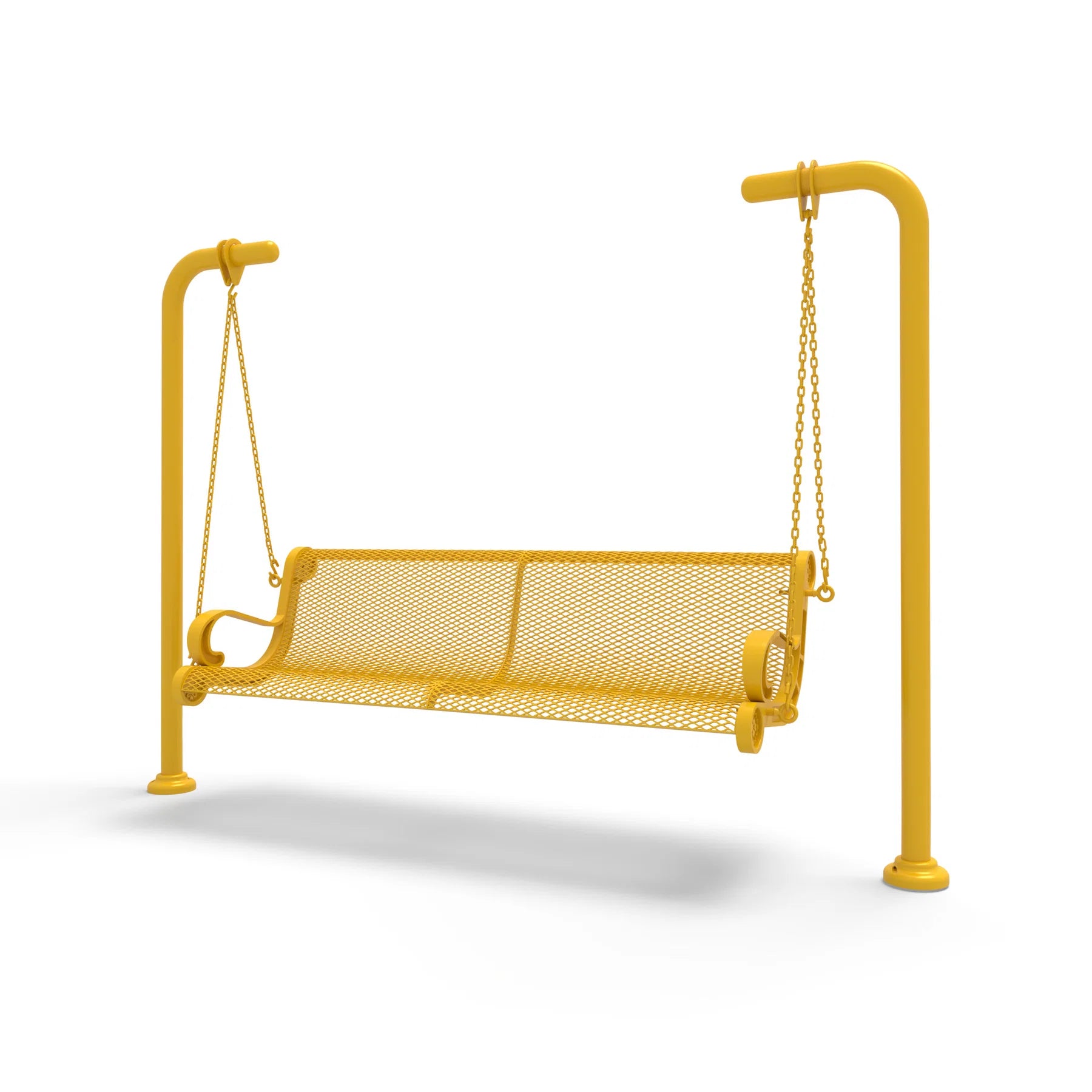 Yellow Wabash Valley Estate Diamond Swing Bench, plastisol-coated steel seat on inground posts, metal swing bench