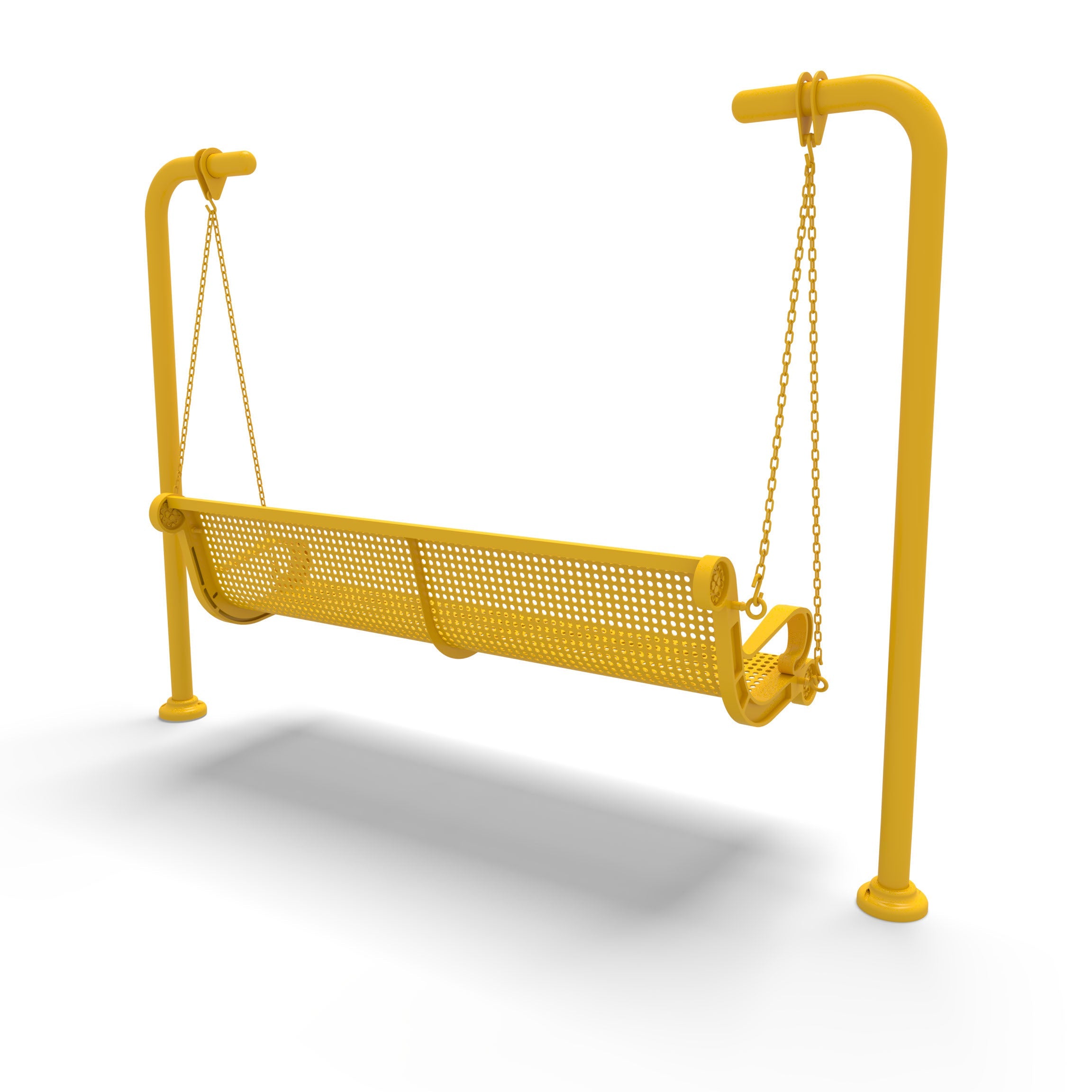 Yellow Wabash Valley Estate Perforated Swing Bench, back side angle, plastisol-coated steel seat on inground posts, commercial swing for parks and campuses