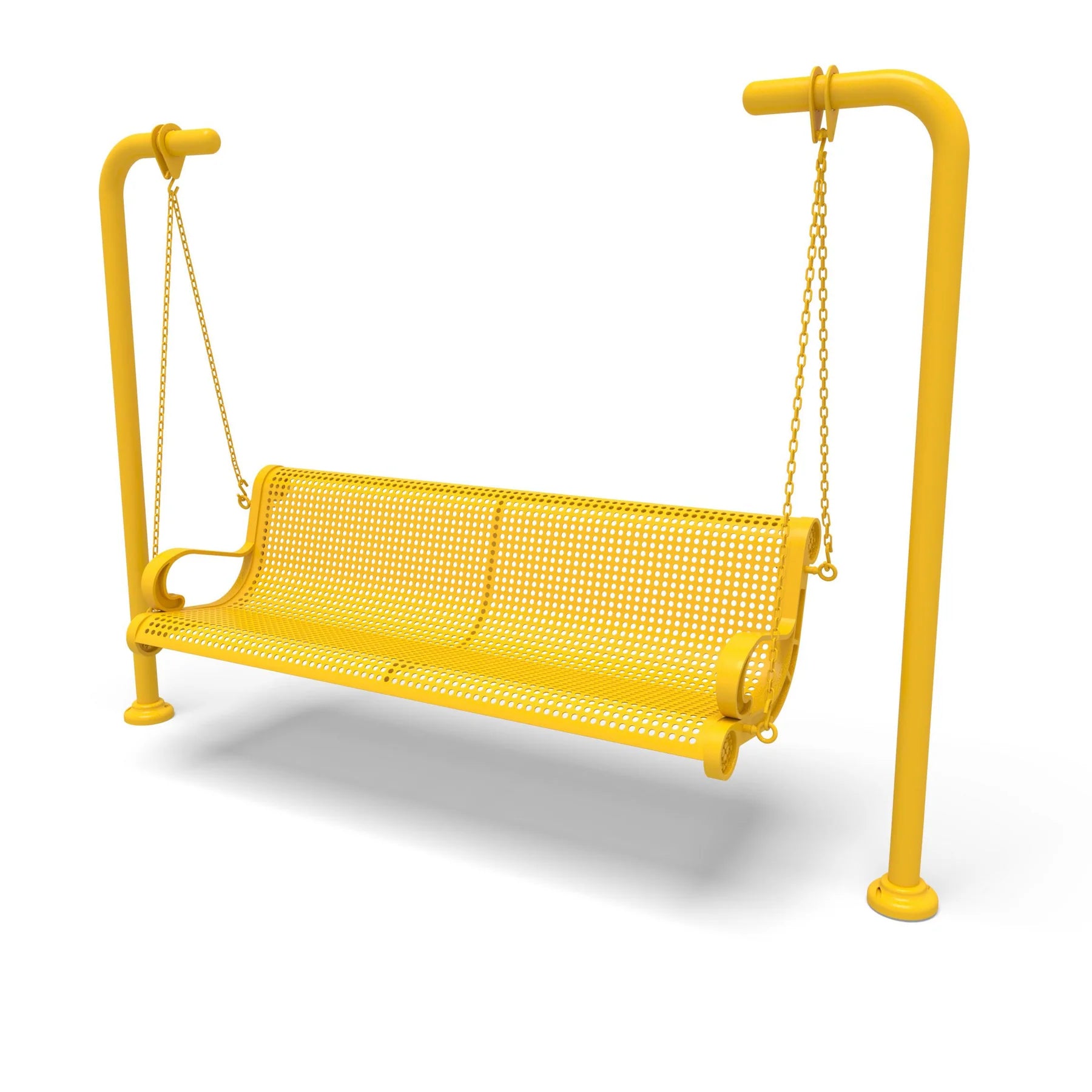 Yellow Wabash Valley Estate Perforated Swing Bench, plastisol-coated steel seat on inground posts, hanging bench swing on chains