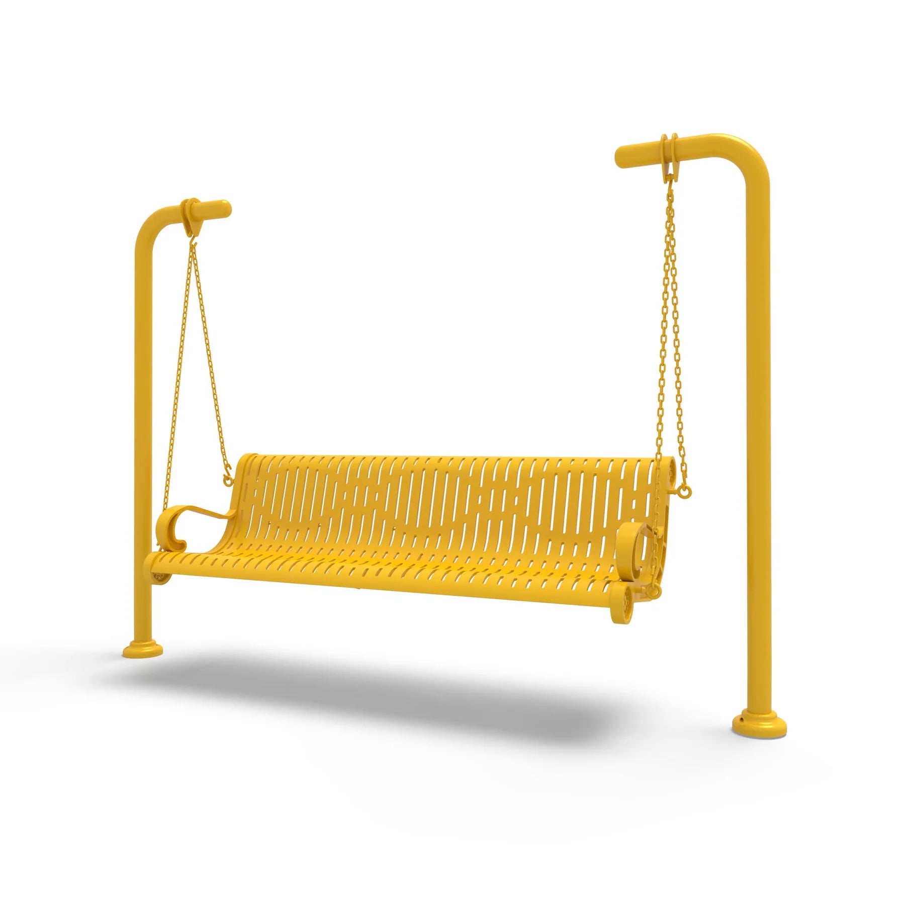 Yellow Wabash Valley Estate Ribbed Swing Bench, plastisol-coated steel seat on inground posts, heavy duty swing frame set in concrete