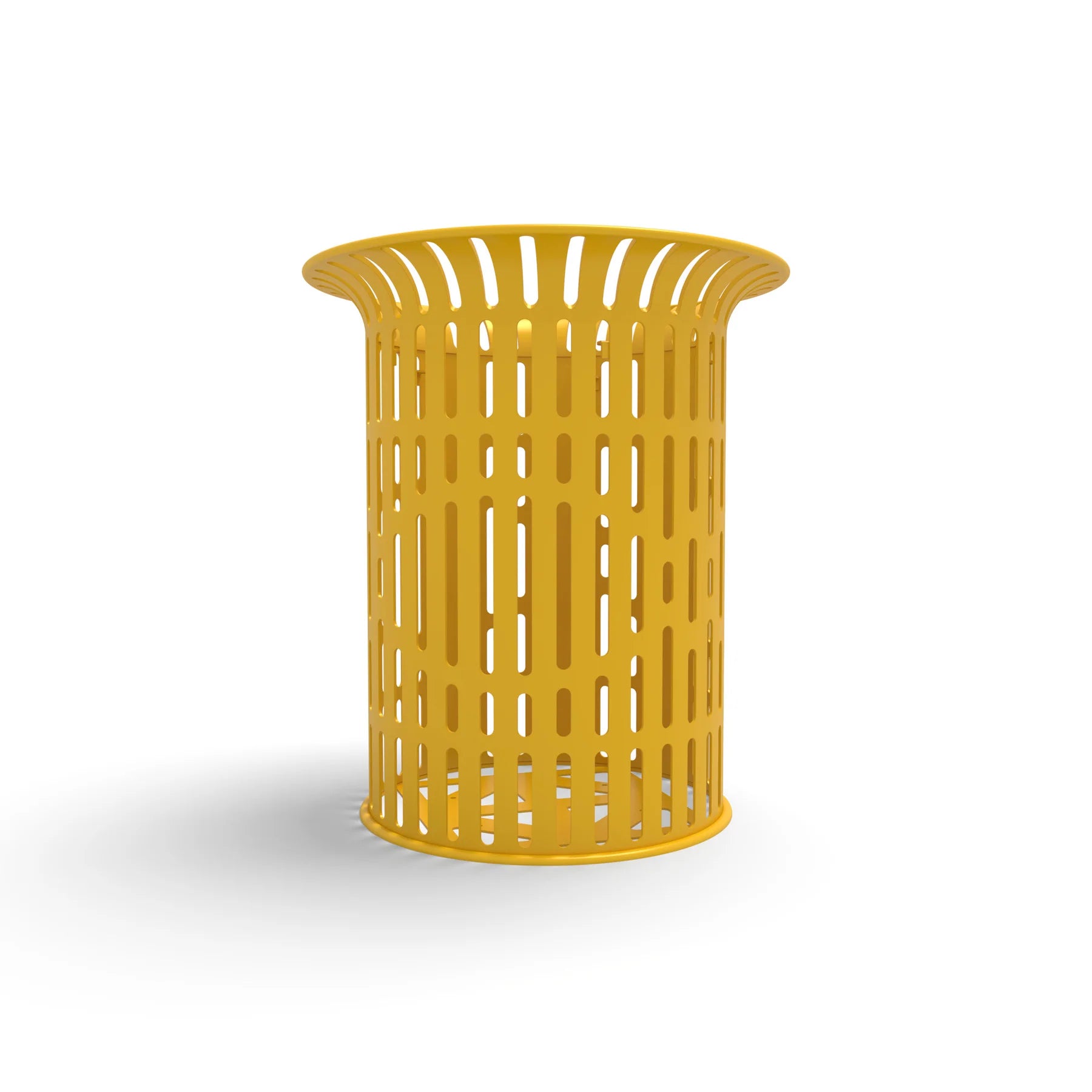 Yellow Wabash Valley Flared Commercial Trash Receptacle, Ribbed, plastisol coated steel with a flared top, model FR400R, outdoor trash receptacle