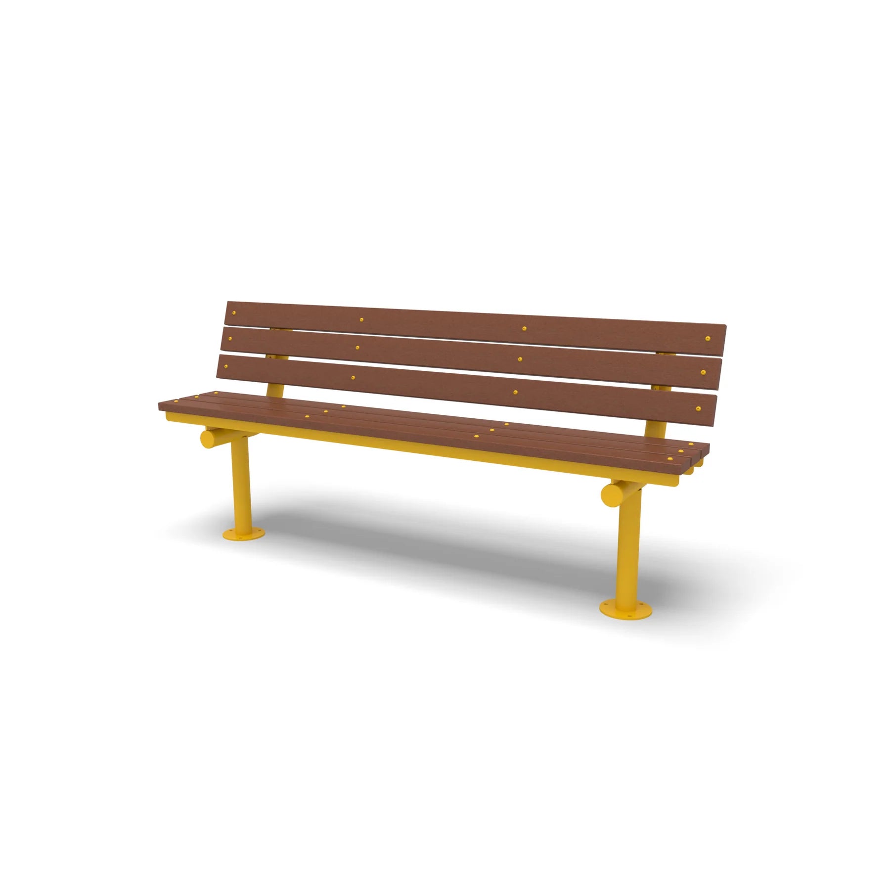 Yellow Wabash Valley Rinnova Recycled Plastic Bench with Cedar planks, Surface Mount base plates, heavy duty outdoor bench