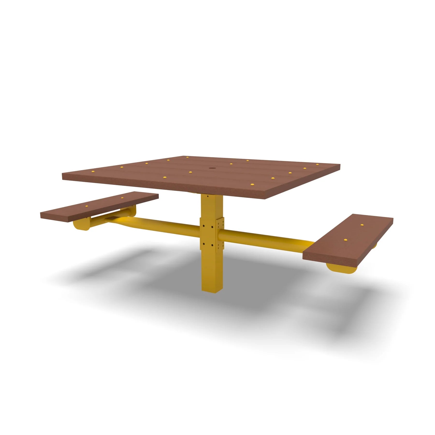 Yellow Wabash Valley Rinnova Square Picnic Table, 2 Seats + 2 Wheelchair Spaces, Inground, Cedar recycled plastic planks, square outdoor table