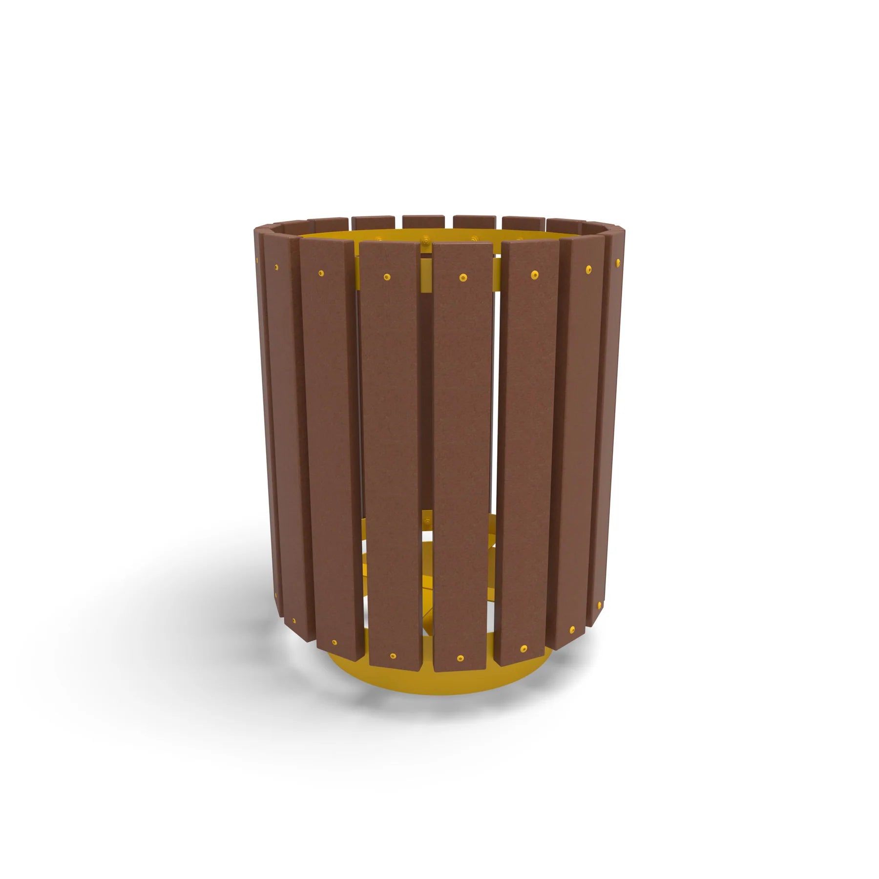 Yellow Wabash Valley Rinnova Trash Receptacle, Cedar Slats, recycled plastic planks on a yellow powder-coated steel frame, model RV300G, eco friendly trash can