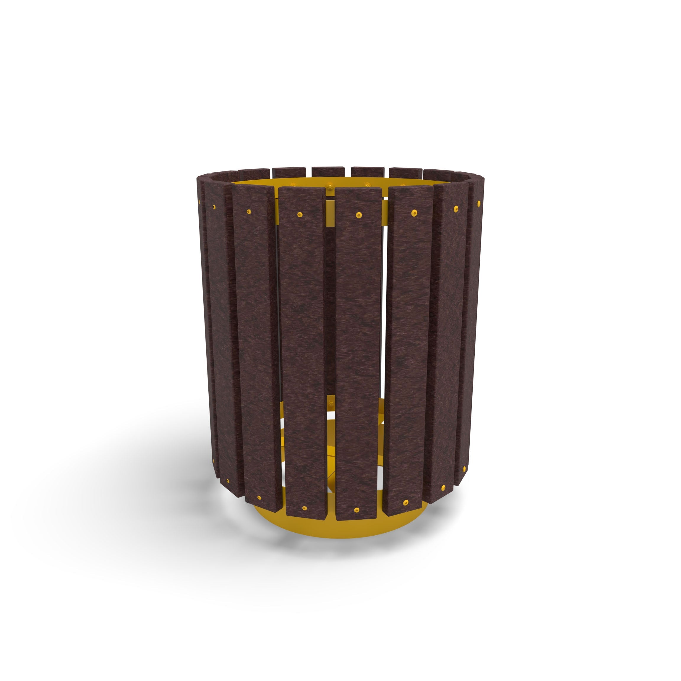 Yellow Wabash Valley Rinnova Trash Receptacle, Milwaukee Brown Slats, recycled plastic planks on a yellow powder-coated steel frame, model RV300G, recycled plastic trash receptacle