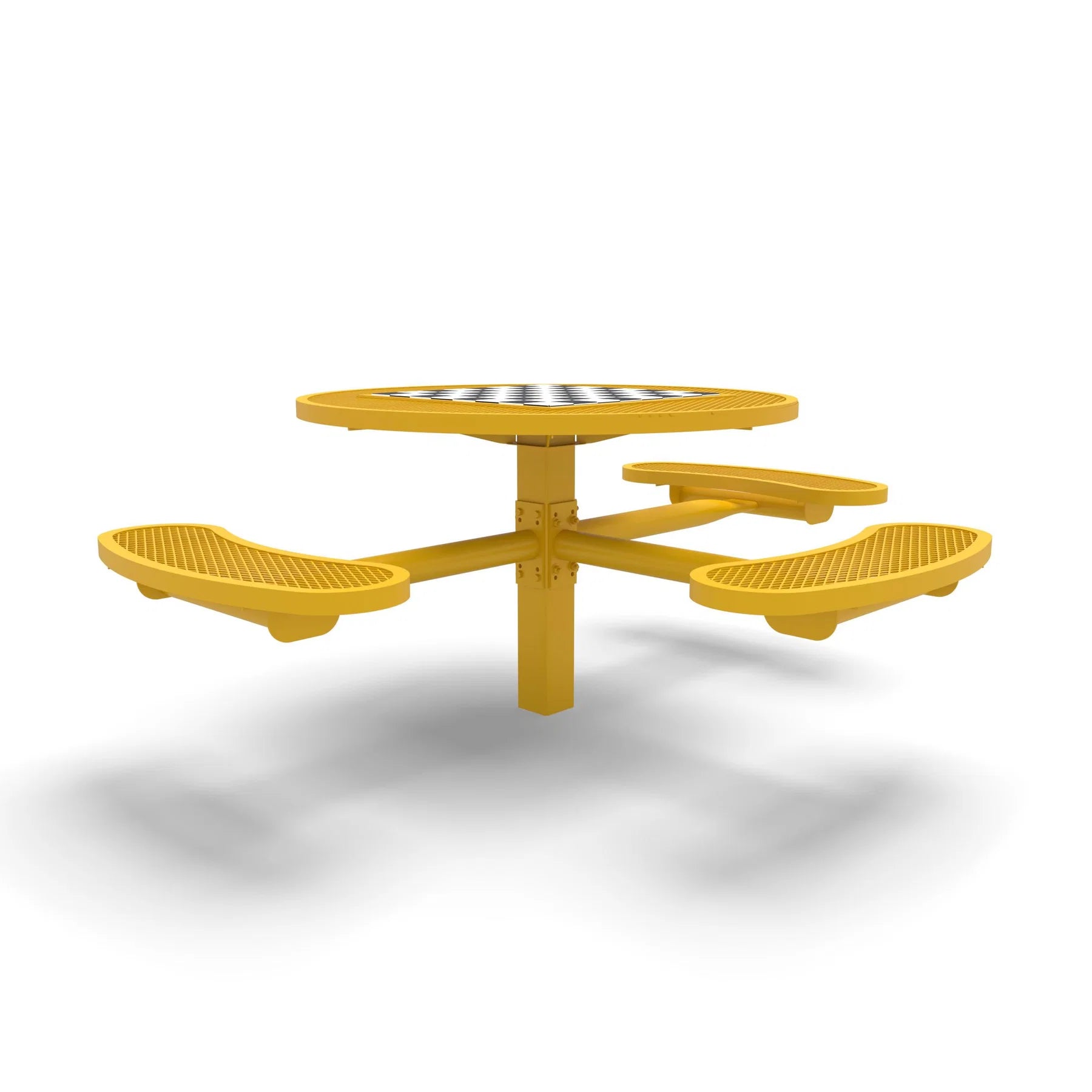 Yellow Wabash Valley Signature Round Pedestal Picnic Table, Diamond, Chessboard - ADA Accessible - Inground, in plastisol-coated steel, model SP215D, outdoor chess board