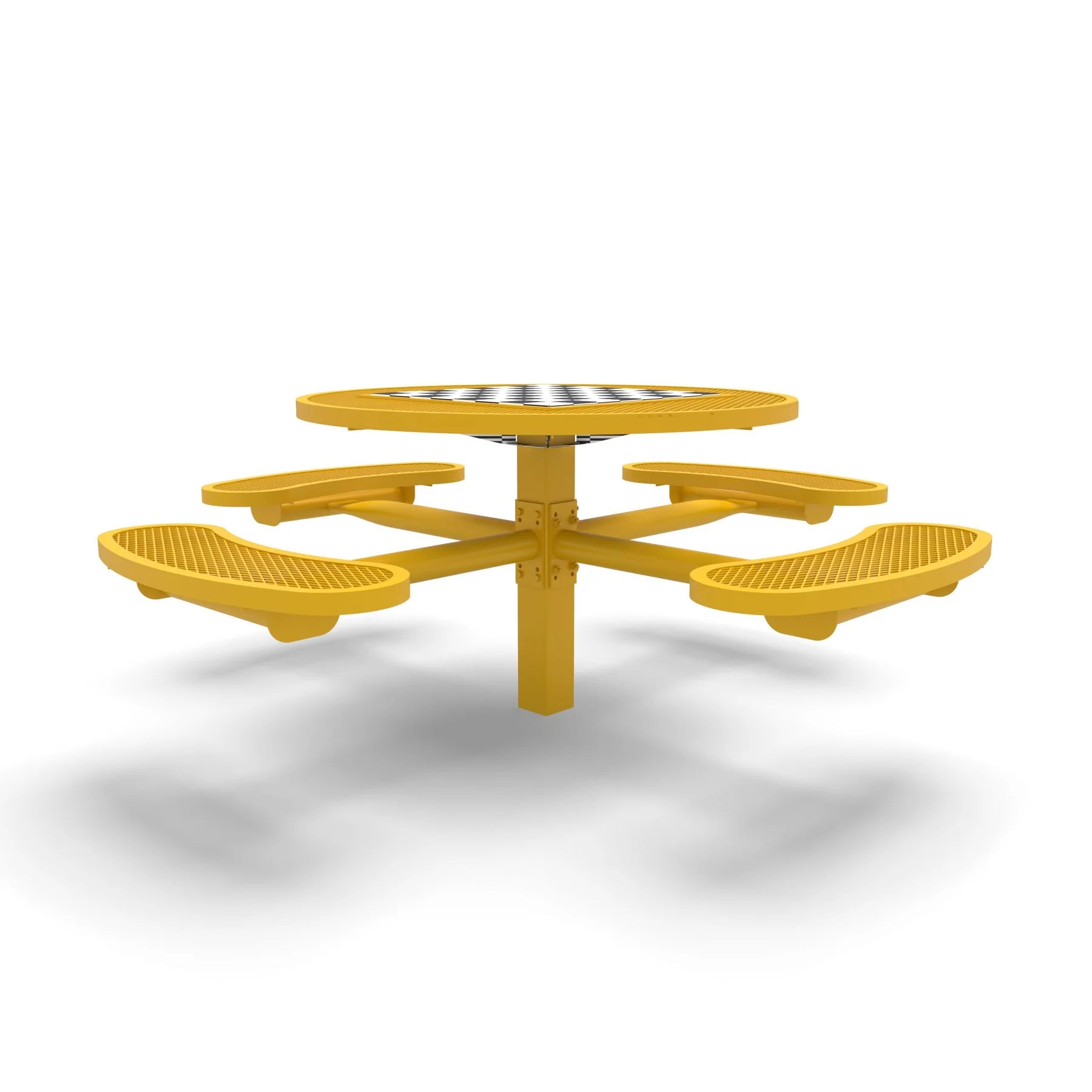 Yellow Wabash Valley Signature Round Pedestal Picnic Table, Diamond, Chessboard - 4 Seats - Inground, in plastisol-coated steel, model SP210D, outdoor chess board